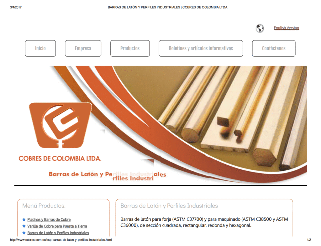 Catálogo 2017 Cobres de Colombia Barras de Latón y Perfiles Industriales