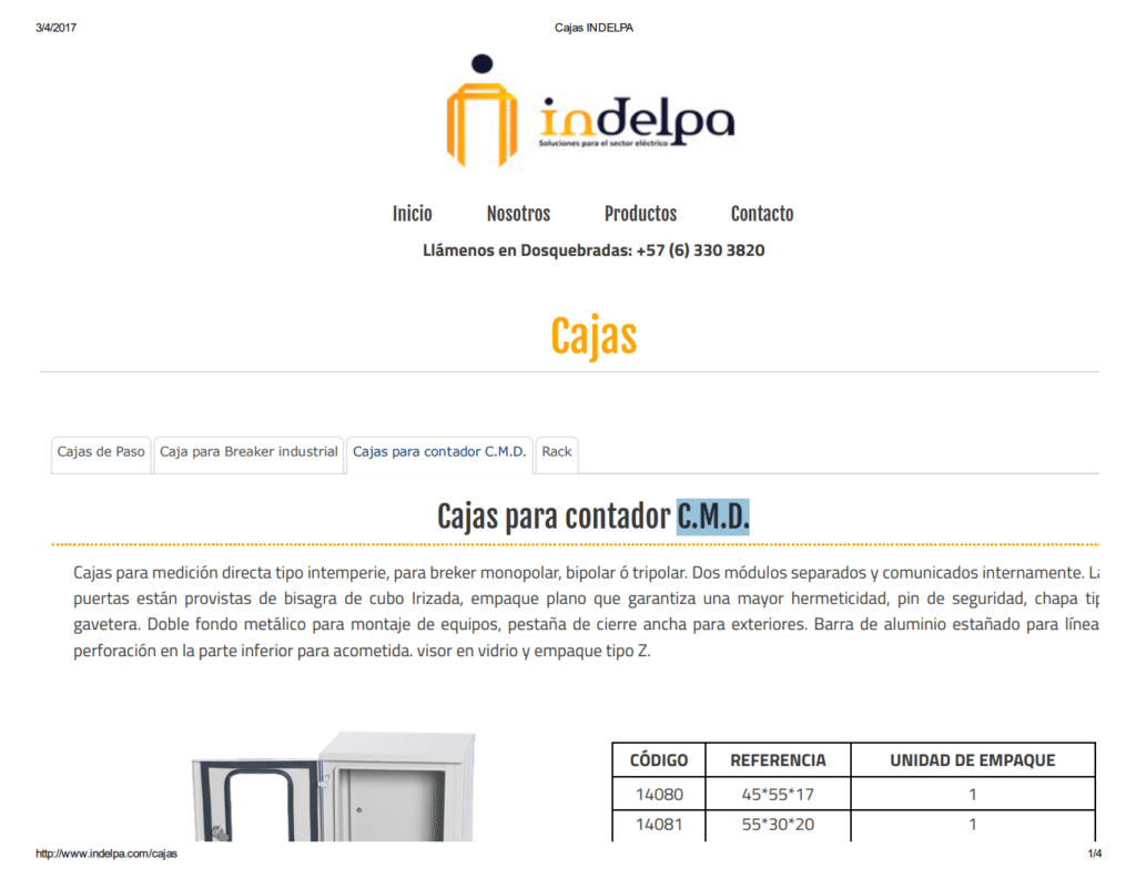 Catálogo 2017 Indelpa Cajas para Contador C.M.D.