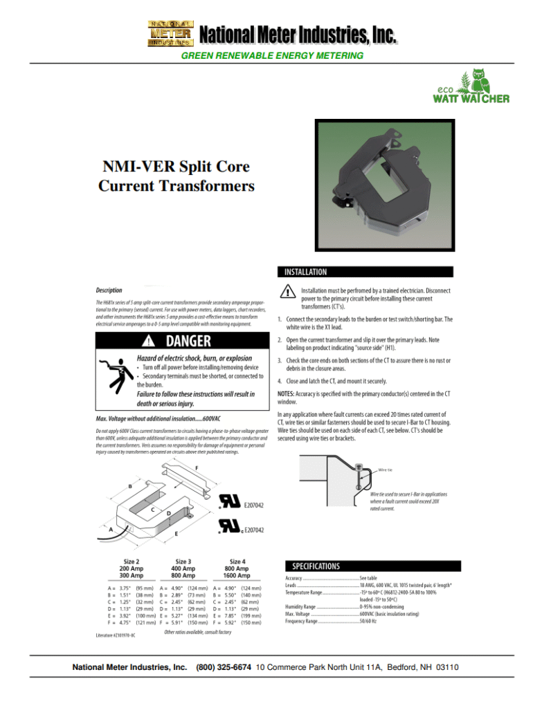 Catálogo 2017 National Meter Transformadores de Corriente de Núcleo Dividido NMI-VER