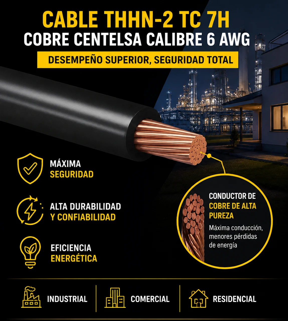 Cable THHN-2 tc 7H cobre Centelsa 6 negro Centelsa 200369