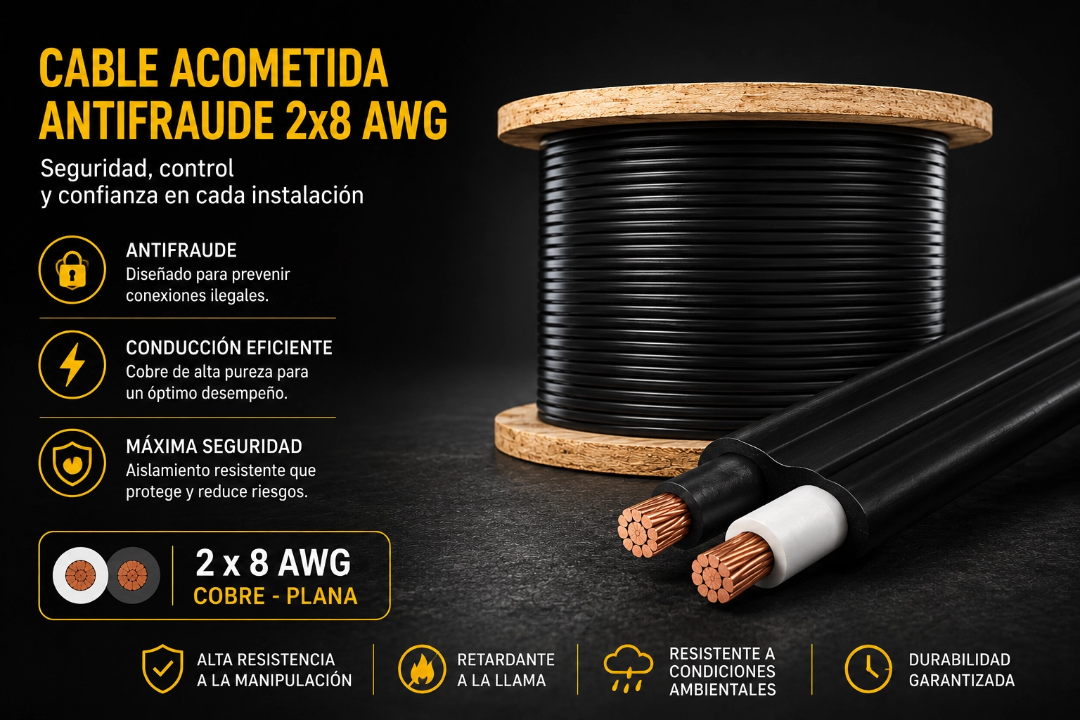 Cable Acometida Antifraude Cobre 2×8 Con 8 Awg Plana Prysmian - Procables Ref. 31403141901C