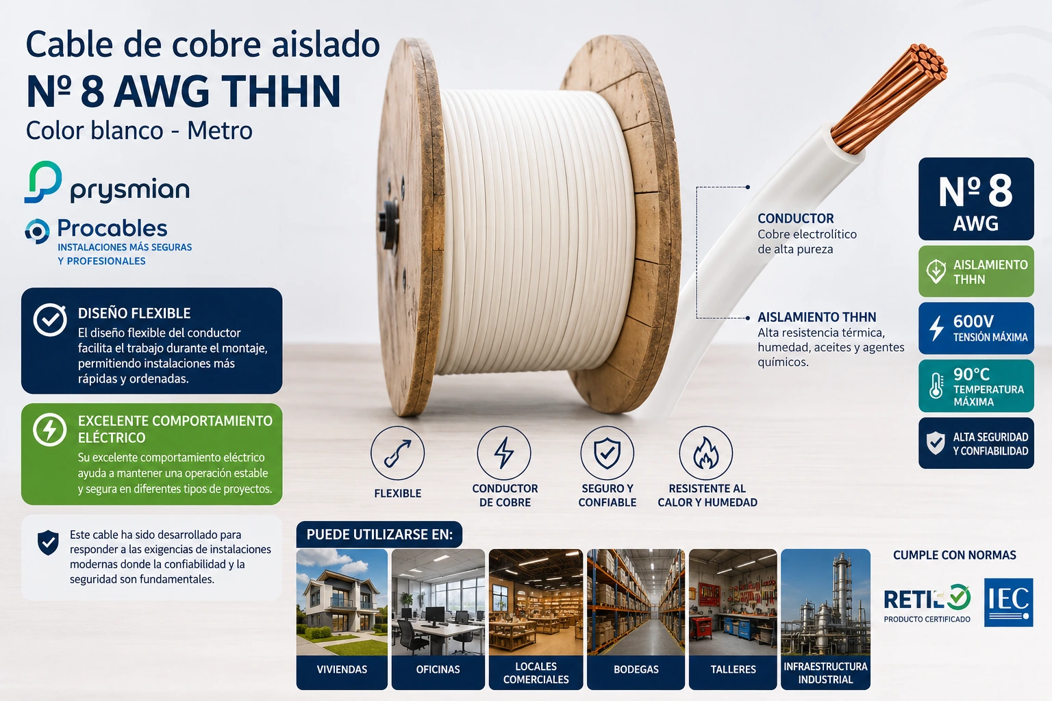 Cable de cobre aislado no 8 AWG THHN color blanco metro Prysmian - Procables