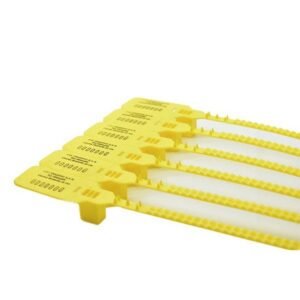 PRECINTOS DE SEGURIDAD DE PLÁSTICO DE 36CM CON LOGO Y CÓDIGO DE BARRAS AMARILLO