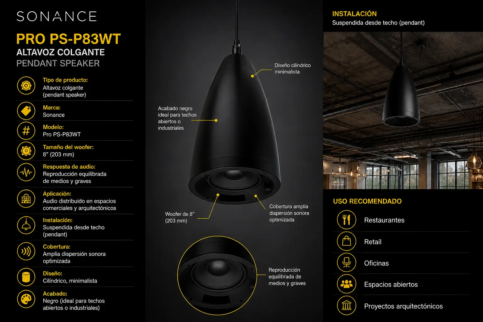 Altavoz colgante 8_ Pro PS-P83WT negro para instalación suspendida 