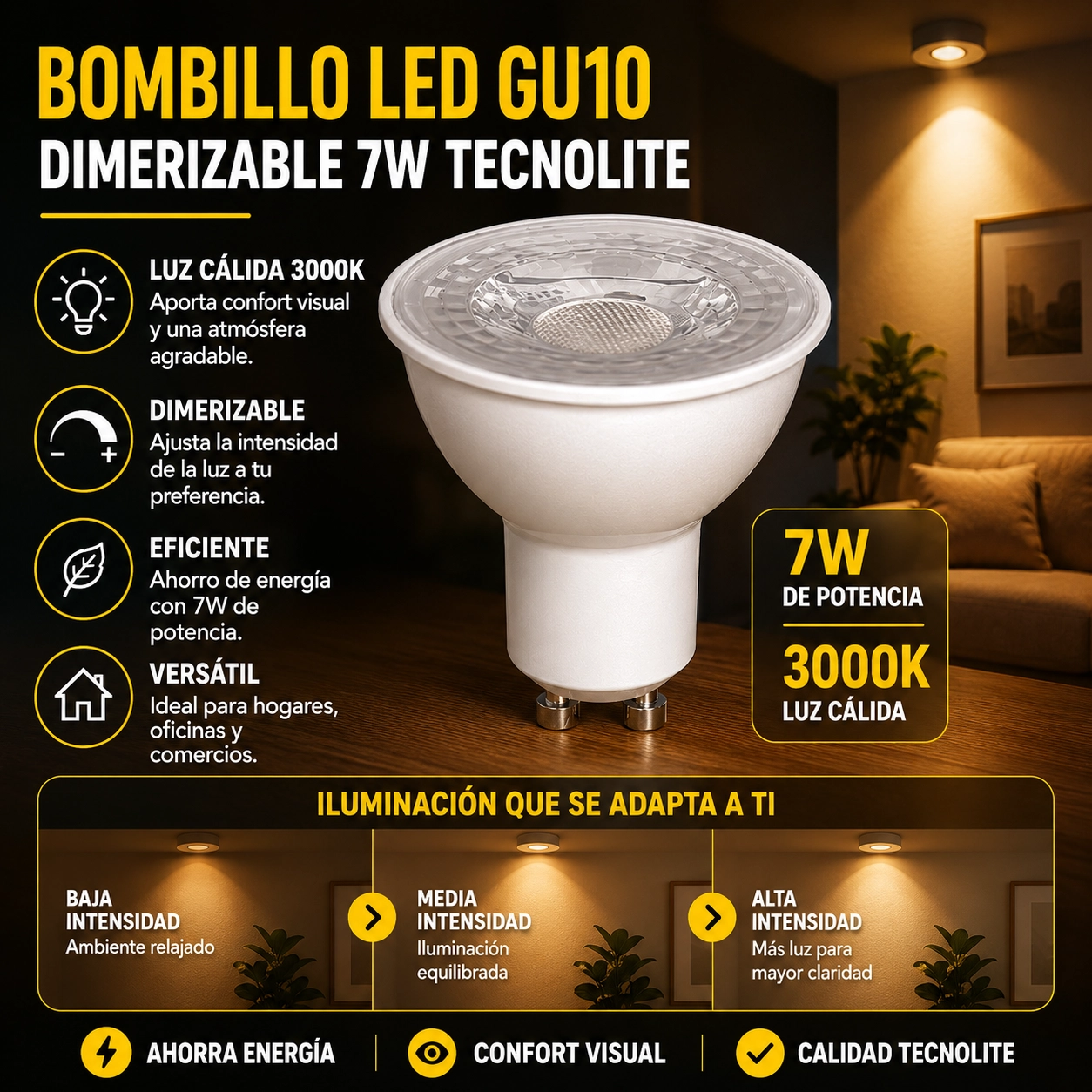 Bombillo Led Gu10 Dimerizable Potencia De 7 Vatios Temperatura De Color 3000 Grados Kelvin Tecnolite