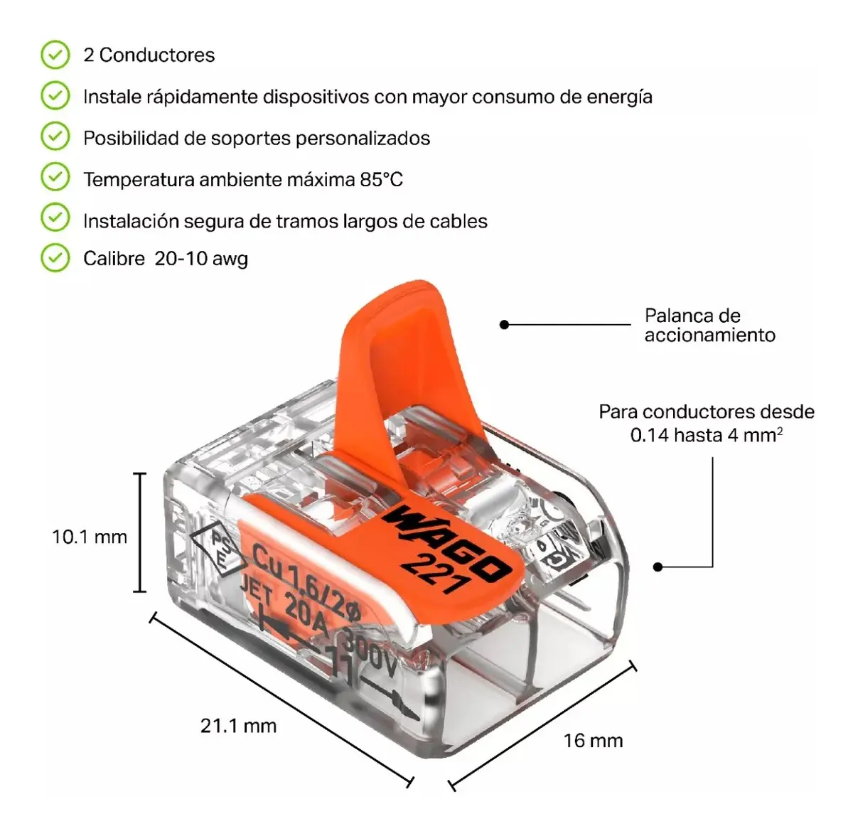 Conector Wago Pala Tras 24-12Awg 2Pol Ref. 221-412