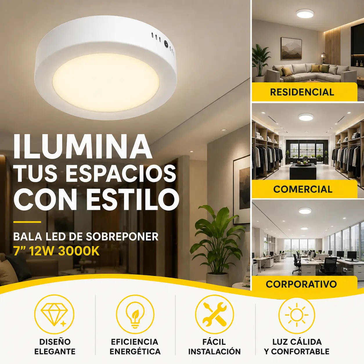 Bala Led Tl Sobreponer 7» 12W 3000K 720Lm Tecnolite Ref. 12Ptlledc30Mvb