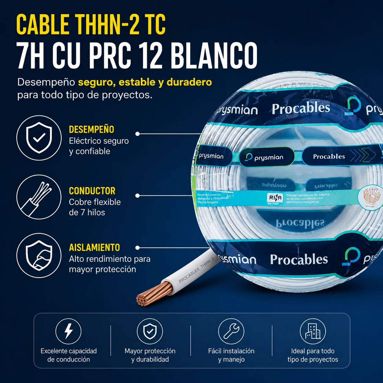 Cable Thhn-2 Tc 7H Cu Prc 12 Bl