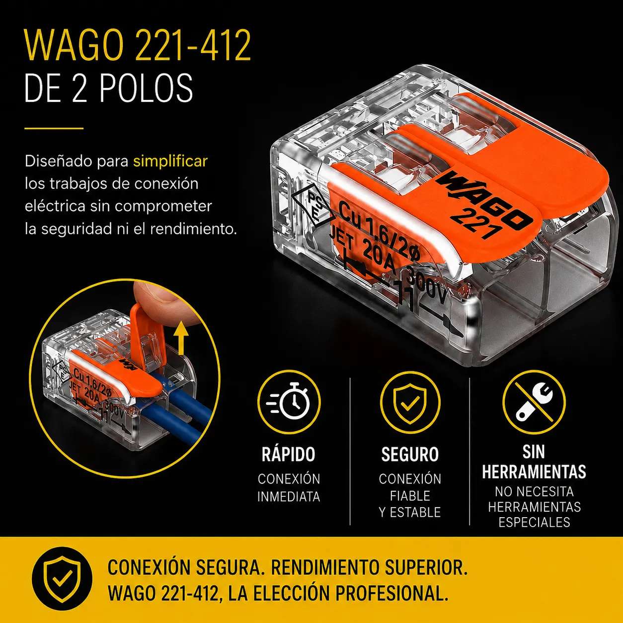 Conector Wago Pala Tras 24-12Awg 2Pol Ref. 221-412