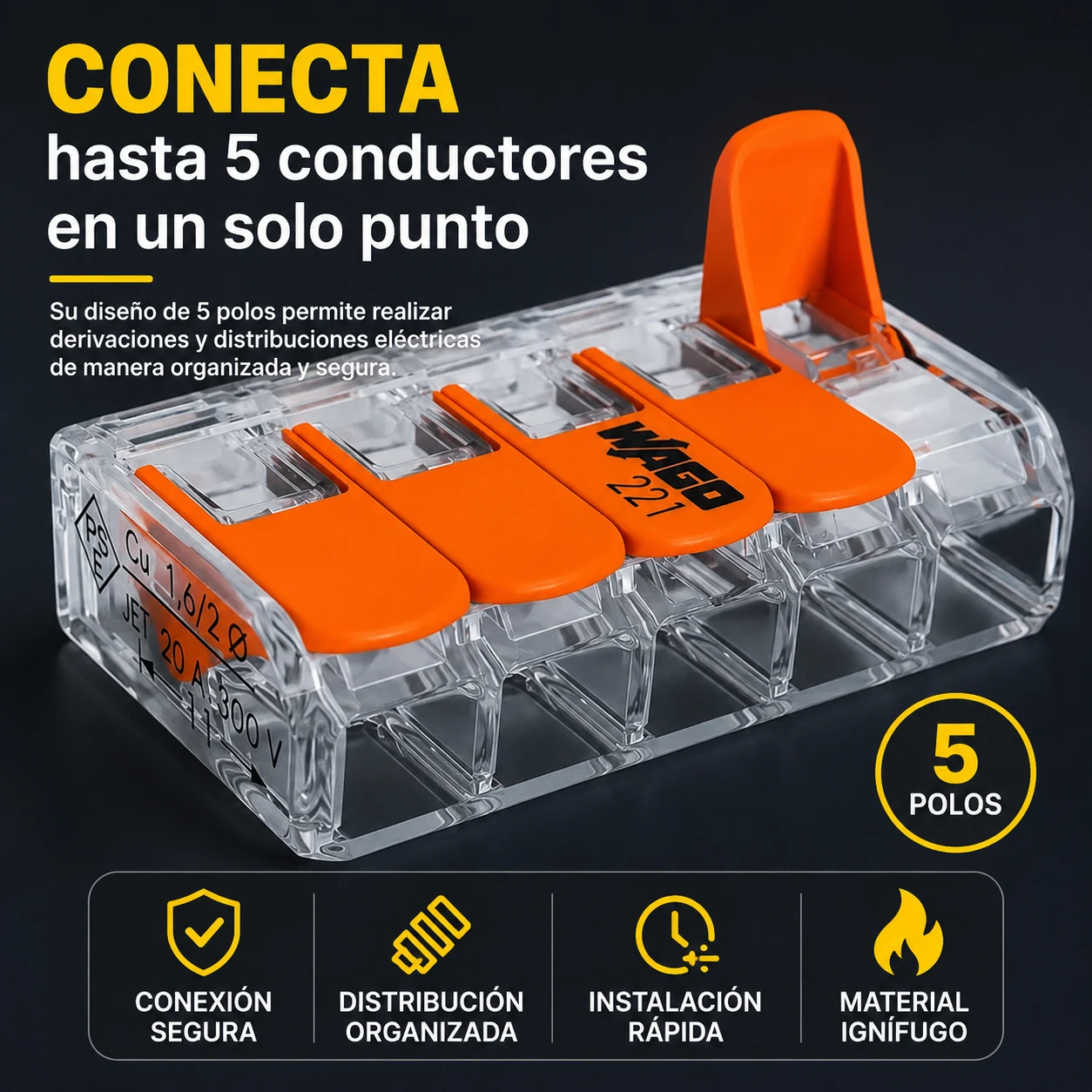 Conector Wago Pala Tras 24-12Awg 5Pol