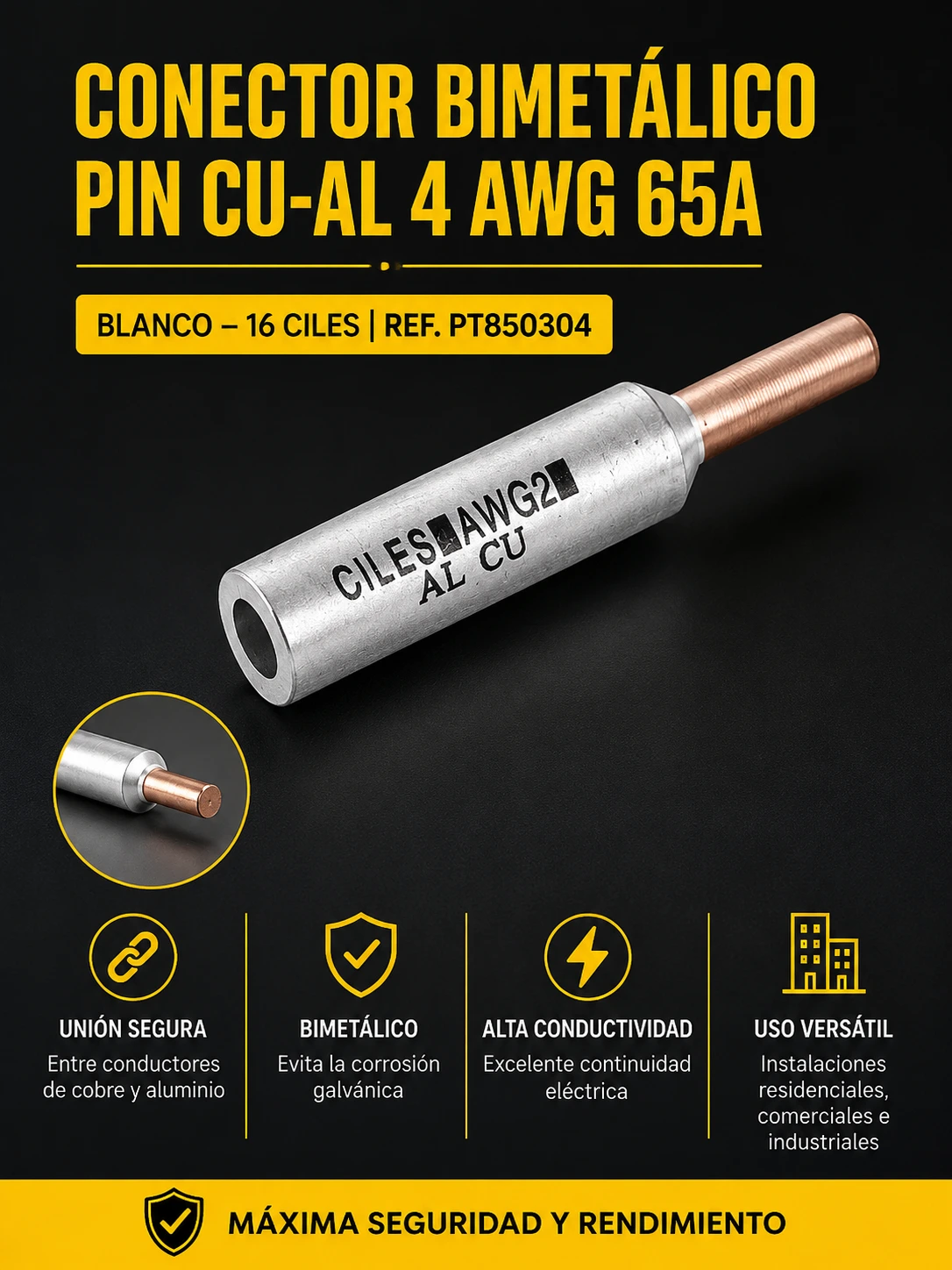 Conector Bimetalico De Pin Cu-Al 4-Awg 65A-Pblanco - 16 Ciles Ref. Pt850304