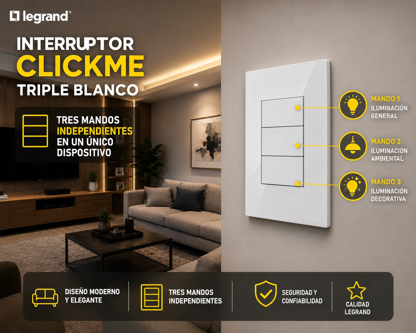 Interruptor Clickme Conm Triple Blanco Legrand Ref. 687623
