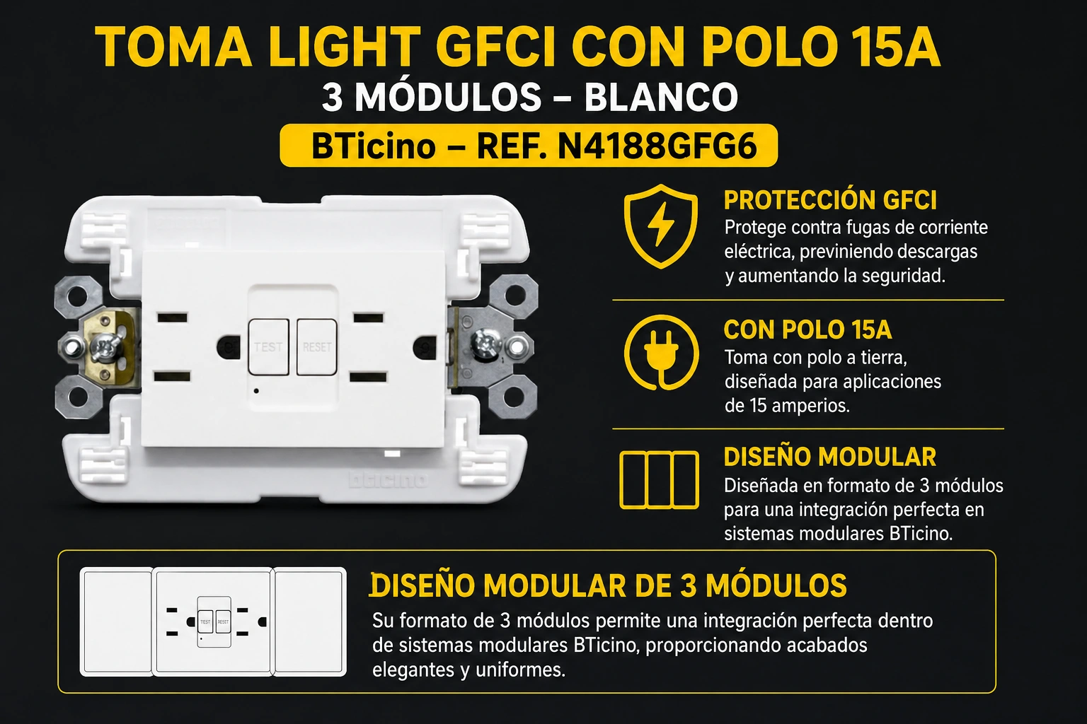 Toma Light Gfci Con Polo 15A 3 Modulos Blanco Bticino Ref. N4188Gfg6 