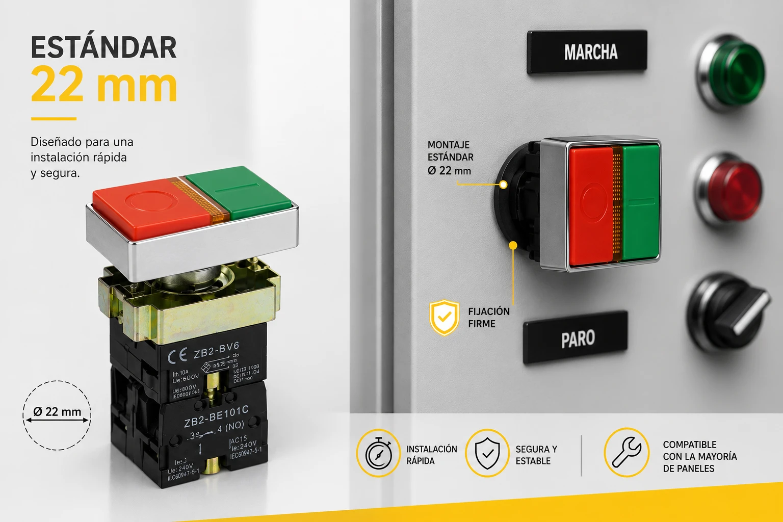 PULSADOR CHINT 22mm MET DOBLE NA+NC LED RJ/VD