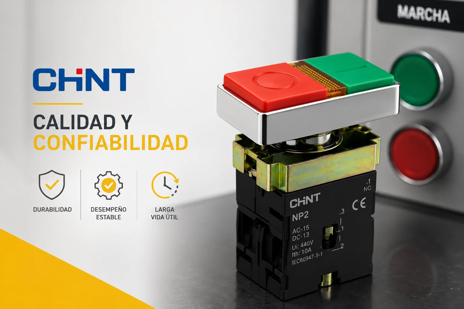 PULSADOR CHINT 22mm MET DOBLE NA+NC LED RJ/VD<br />
