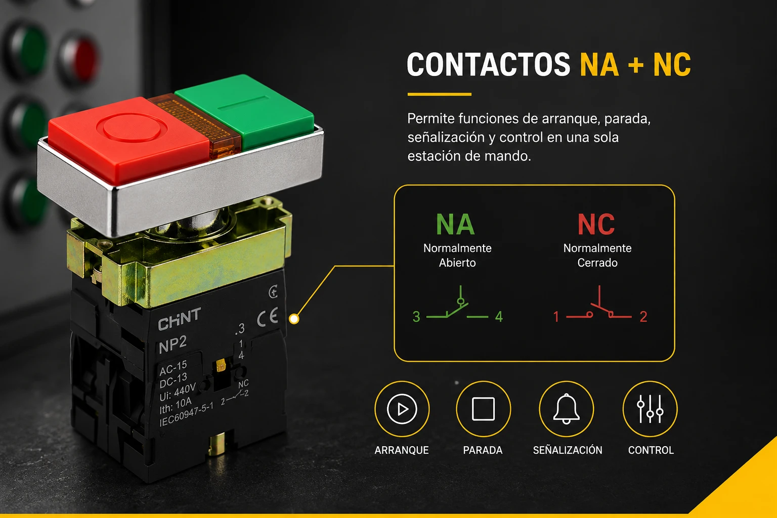 PULSADOR CHINT 22mm MET DOBLE NA+NC LED RJ/VD - REF: NP2-BW8465
