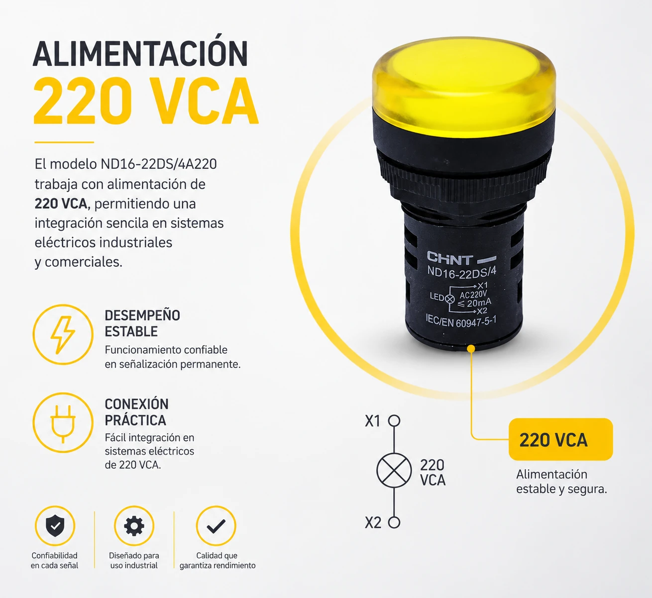 PILOTO CHINT 22mm PLAST LED 220Vac AML - REF: ND16-22DS/4A220