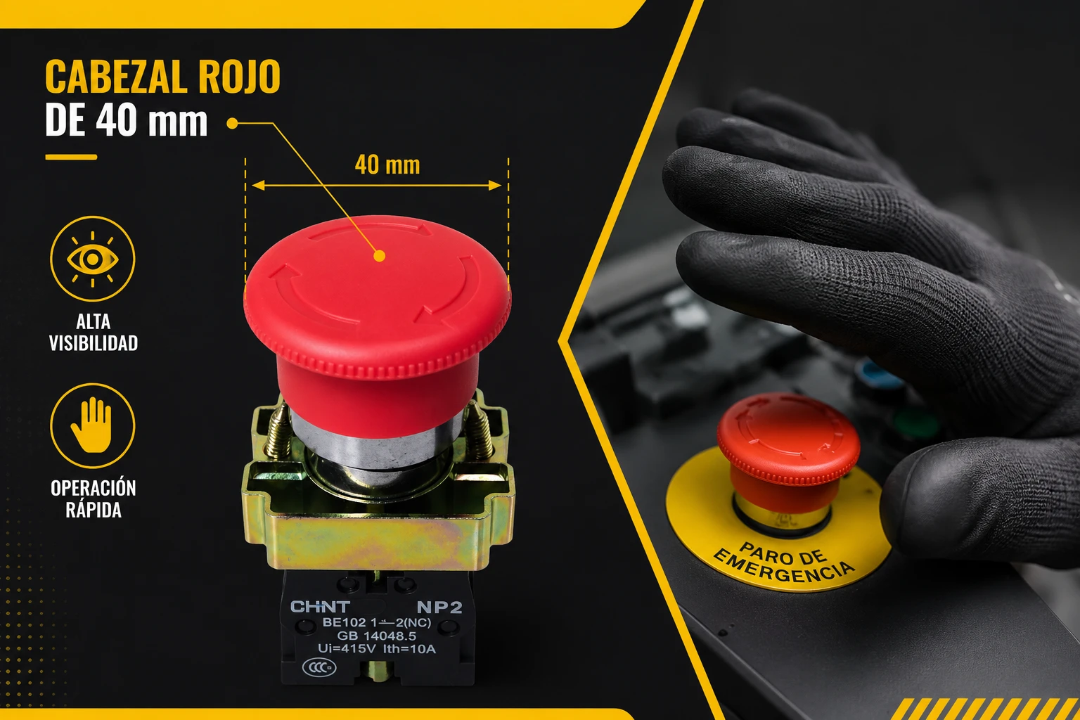 Pulsador Chint 22Mm Met Emerg Hongo 40Mm Retenc Rj - Ref: Np2-Bs542