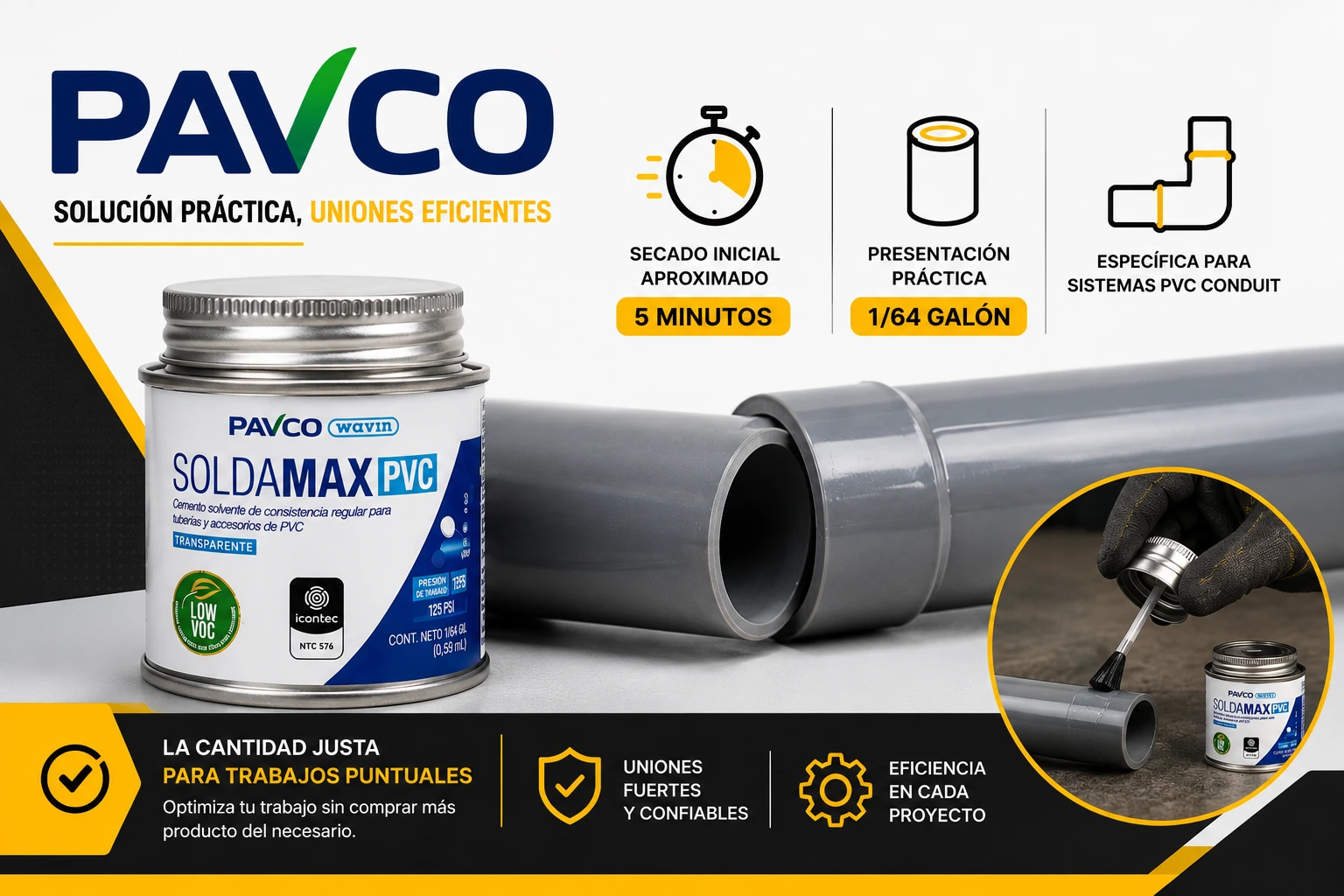 Soldadura Pvc Conduit Pavco 1/64 Galon Seca 5 Minutos Ntc 979