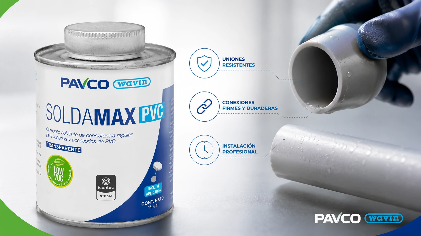 Soldadura Pvc Conduit Pavco 1/8 Galon Seca 5 Minutos