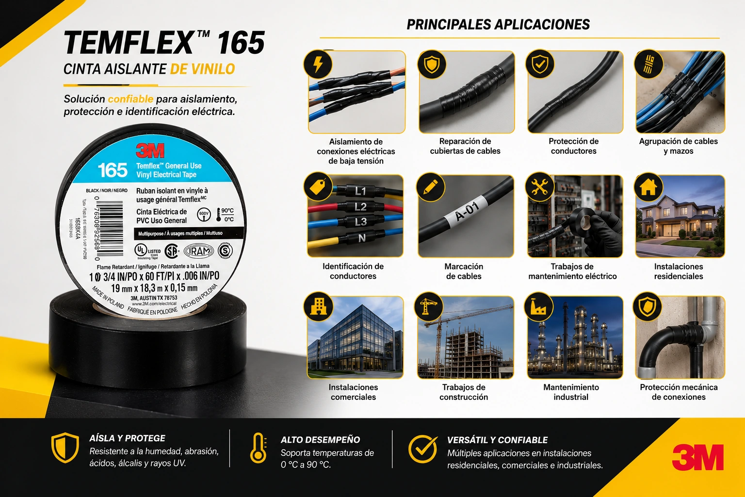 Cinta 3M Temflex-165 Negro 10M Ref. Uu010341236