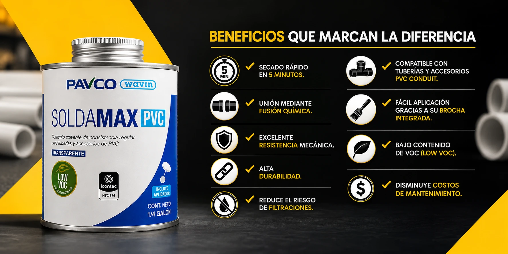Soldadura Pvc Conduit Pavco 1_4 Galon Seca 5 Minutos Ntc 979 Ref. 2910000